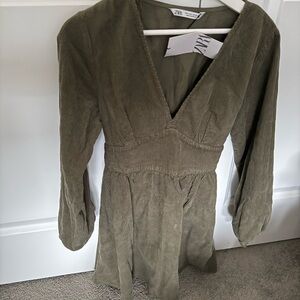 Zara Olive Corduroy V-Neck Long Sleeve Dress